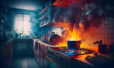Stove ignited in the kitchen during cooking, smoke and soot around, fire at home. Generative AI