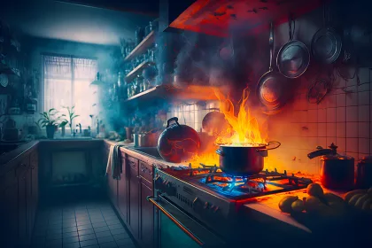 Stove ignited in the kitchen during cooking, smoke and soot around, fire at home. Generative AI