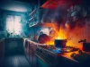 Stove ignited in the kitchen during cooking, smoke and soot around, fire at home. Generative AI