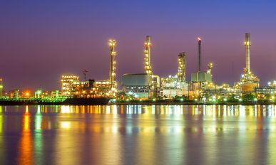 Cerilon Oil refinery factory at sunrise, Bangkok Thailand