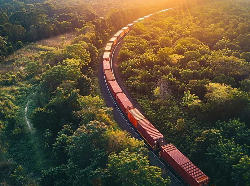 Aerial view of a vibrant cargo train snaking through a lush green landscape at golden hour