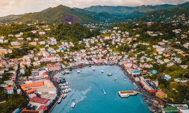 Tropical Caribbean City Port with boats and ships Grenada
