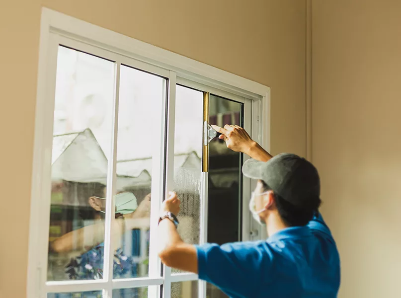 Worker use scraper cleaning window before installing tinting window film.